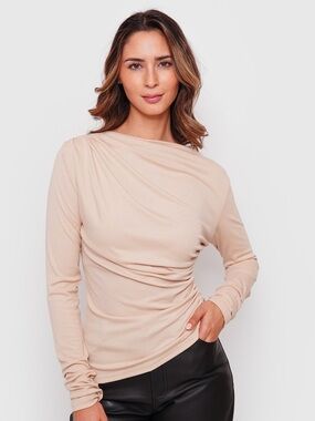 Long Sleeve Draped Neck Top in Light Beige